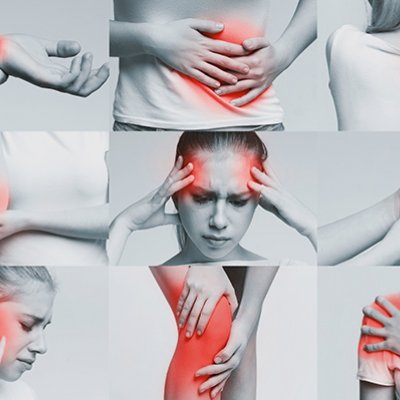 A closeup of a young women in different images clutching various body parts shaded red to indicate pain. 